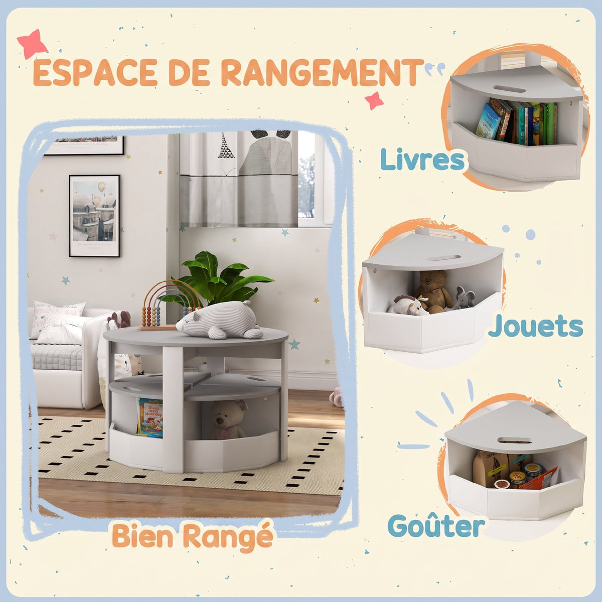 Table Enfant avec 4 Chaises 5 Pièces avec Rangement, Cadeau pour Fille Garçon 3-8 Ans, Ø 78 x 49 cm, Gris-5