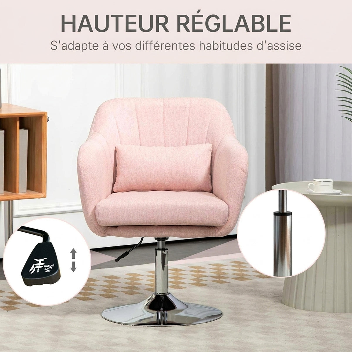 Fauteuil de salon coussins lombaires hauteur réglable pivotant 360° piètement en métal rose-3