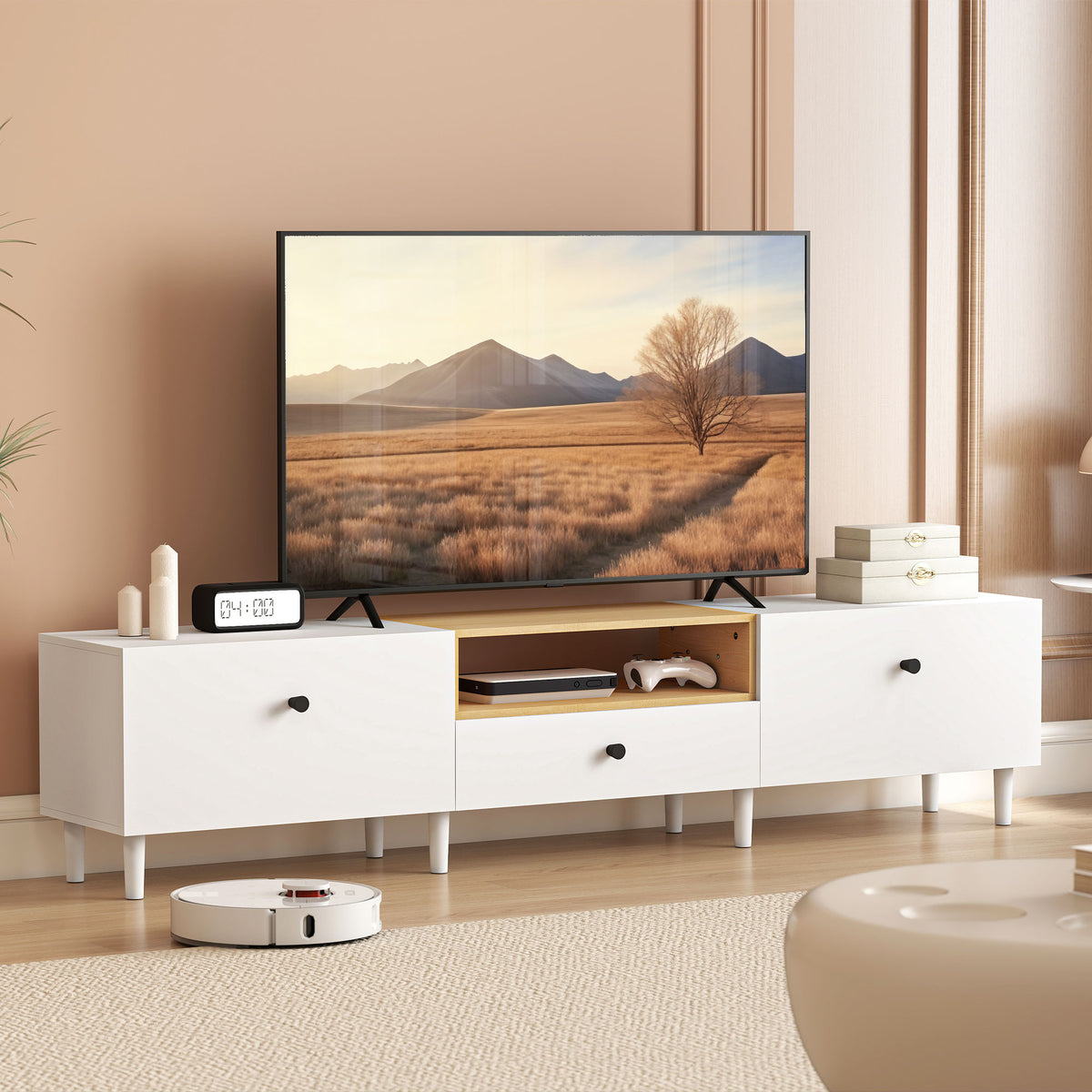 Meuble TV, meuble télé pour téléviseur jusqu'à 90 pouces avec 2 portes rabattables, tiroir, 200 x 35 x 45 cm, blanc-1