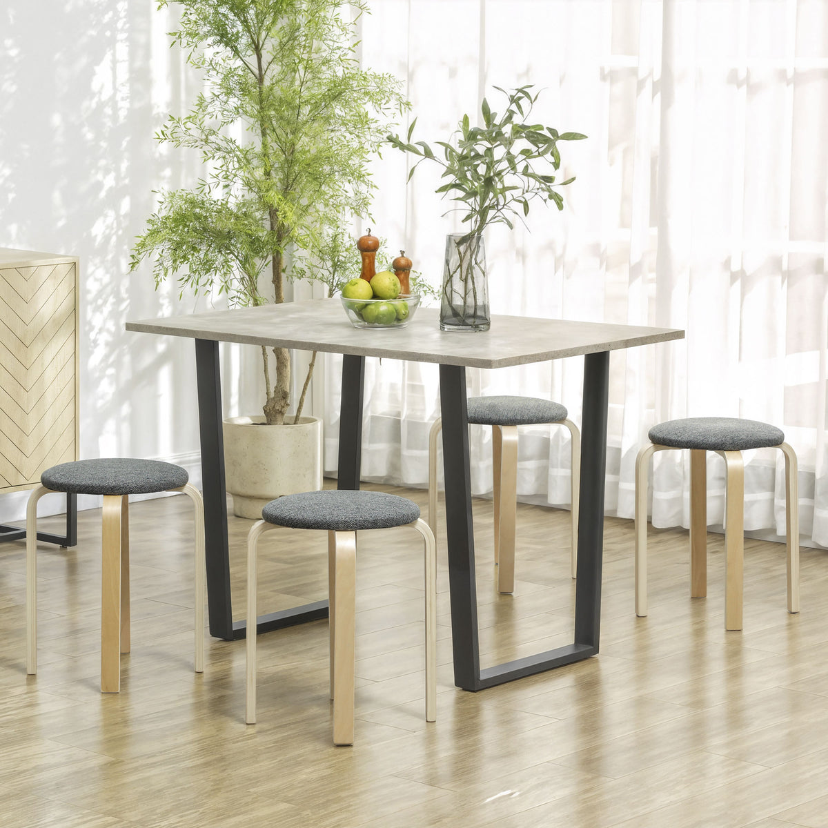 Ensemble de 4 tabourets empilables ronds sans dossier avec assise rembourrée, 40 x 40 x 45 cm, gris-1