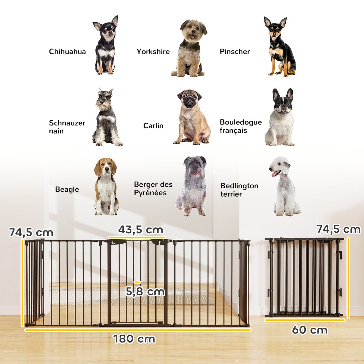 Barrière de sécurité parc enclos chien modulable pliable porte intégrée 300L max. x 74,5H cm métal PP noir-2