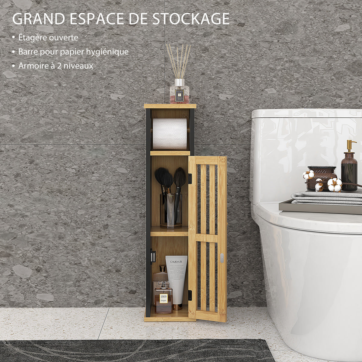 Meuble de salle de bain avec support papier toilette rangement avec barre amovible 2 Niveaux + Sortie Papier MDF Bambou-3