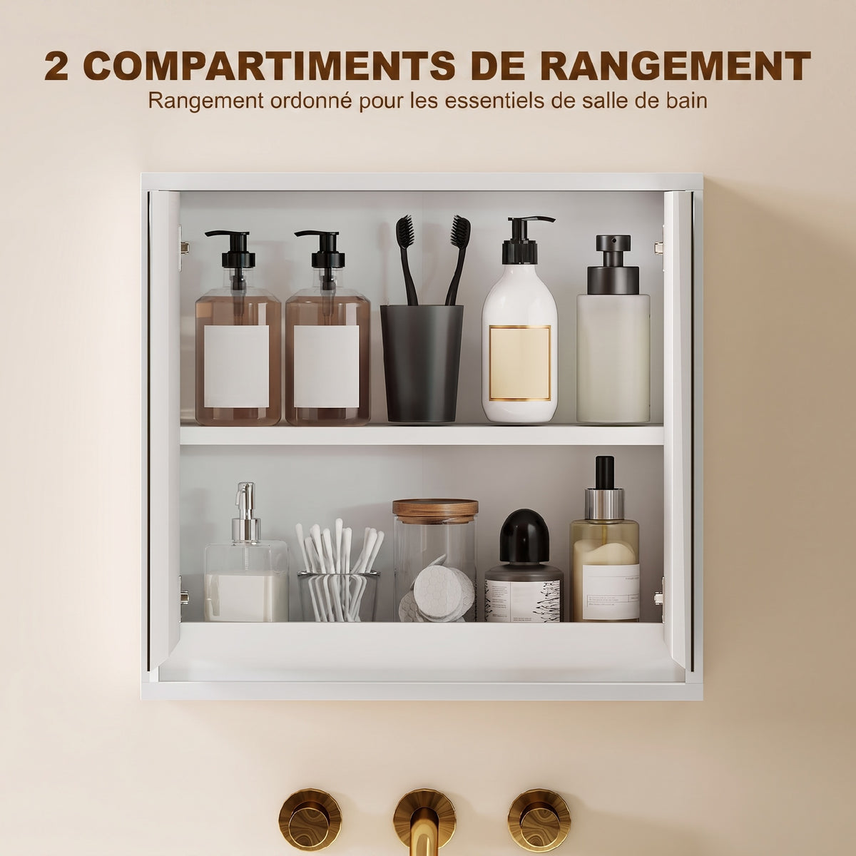 Armoire Murale Miroir Salle de Bain 2 étagères dim. 48L x 14l x 45H cm Panneaux Particules MDF Blanc-3