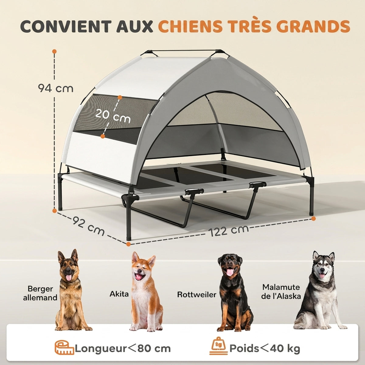 Lit pour Chien Surélevé Tente pour Chien avec Auvent Tente 3 Côtés Respirant Textilène Sac 122x92x94cm Gris Clair-2