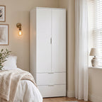 Armoire Chambre Penderie avec 2 Tiroirs, 2 Portes à Fermeture Douce et Barre de Suspension, 60 x 47 x 180 cm, Blanc-6