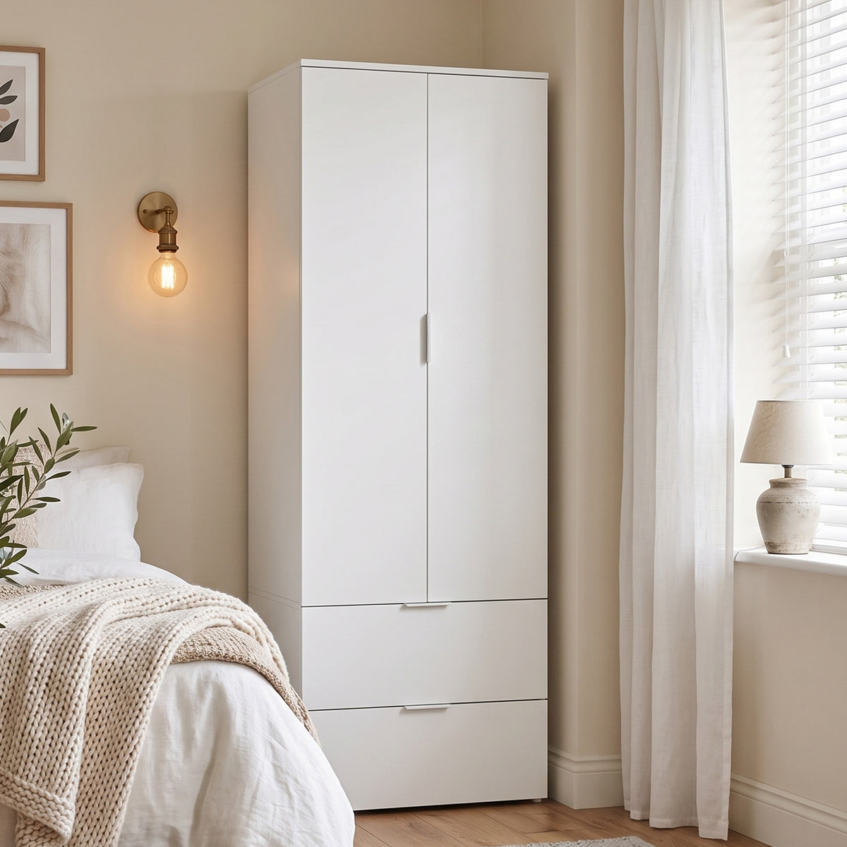 Armoire Chambre Penderie avec 2 Tiroirs, 2 Portes à Fermeture Douce et Barre de Suspension, 60 x 47 x 180 cm, Blanc-6