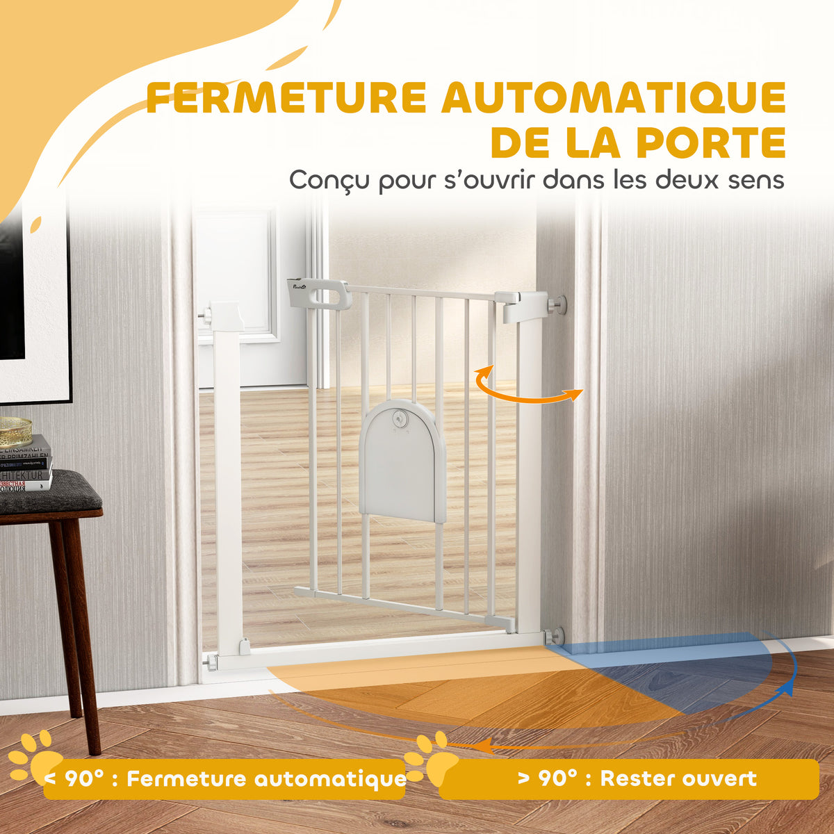Barrière de sécurité animaux avec porte fermeture automatique système de double verrouillage, acier blanc-4