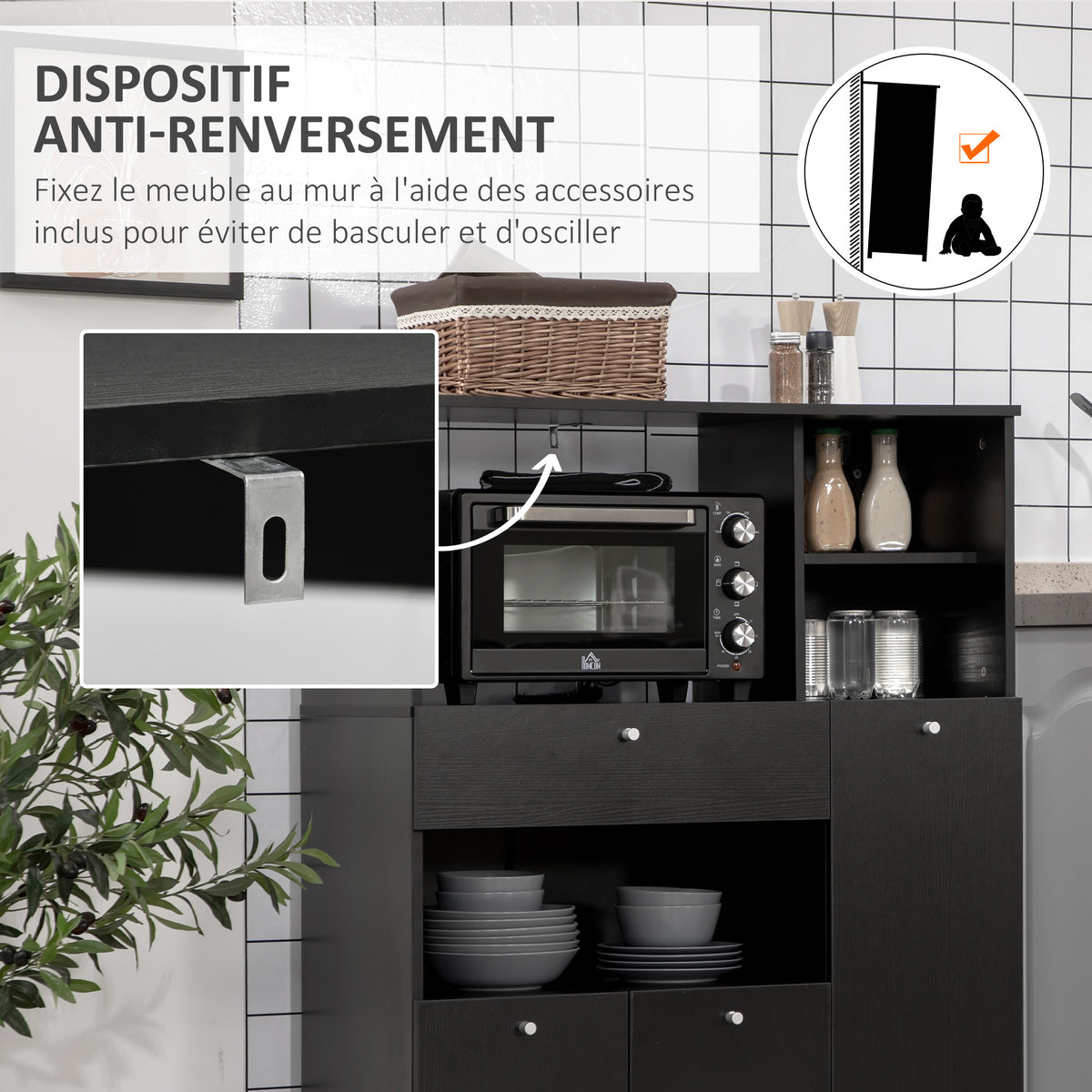 Meuble de micro-onde multi-rangements 2 placards 4 niches tiroir coulissant dim. 90L x 40l x 120H cm en bois noir-4