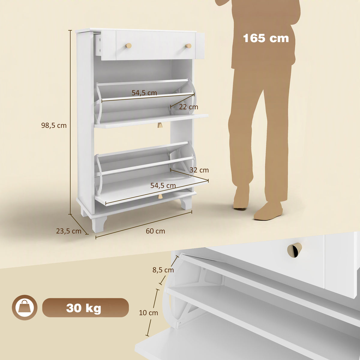 Meuble chaussure entrée étroit avec tiroirs à portes abattants et étagère réglable, 60 x 23,5 x 98,5 cm, blanc-2