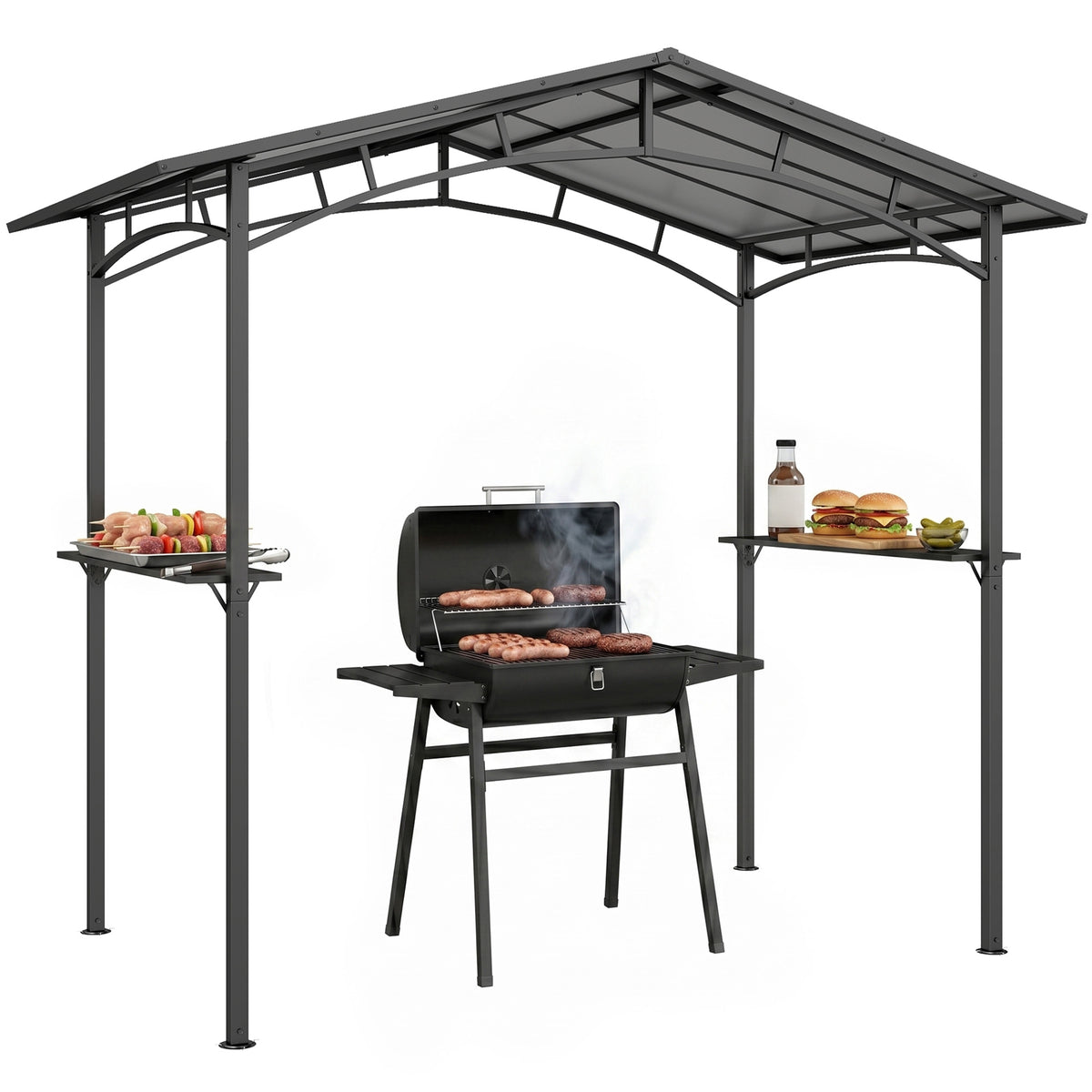 Tonnelle de Barbecue Extérieur Abri, 2 Étagères Latérales, Toit en Polycarbonate, 246 x 149 x 230 cm, Aluminium, Noir-0
