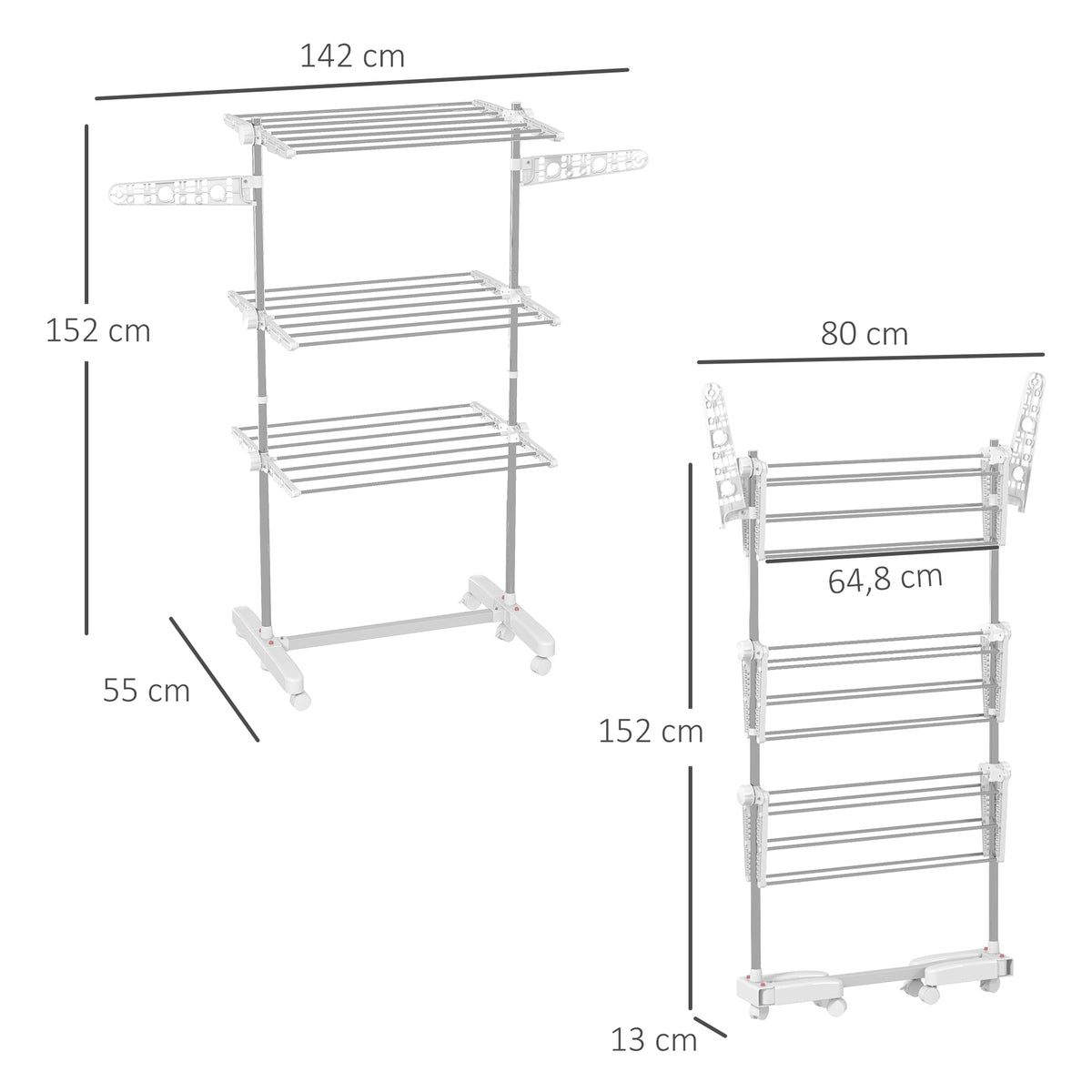 Étendoir Linge 3 Niveaux, Sechoir a 6 Roulettes, Pliable, cadre acier Inoxydable Extérieur, 142x55x152cm, Blanc-2