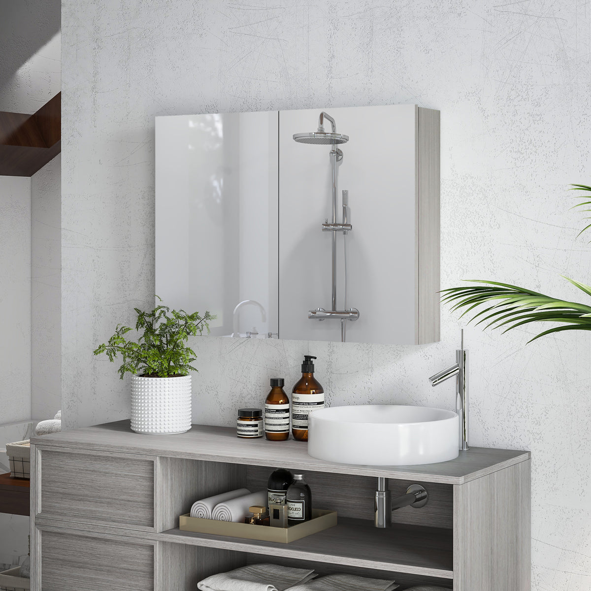 Armoire murale salle de bain avec miroir, meuble salle de bain, double portes et étagères réglables, 80x15x60cm, gris-9