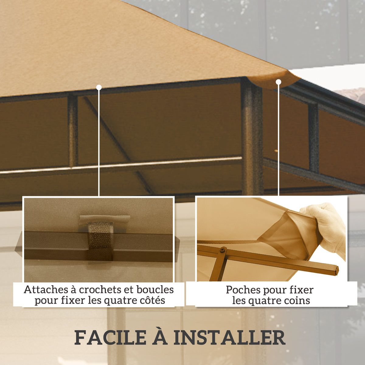 Toile de rechange pour pavillon toit de remplacement gazebo tissu polyester haute densité 180 g/m² anti-UV 3 x 3 m beige-4