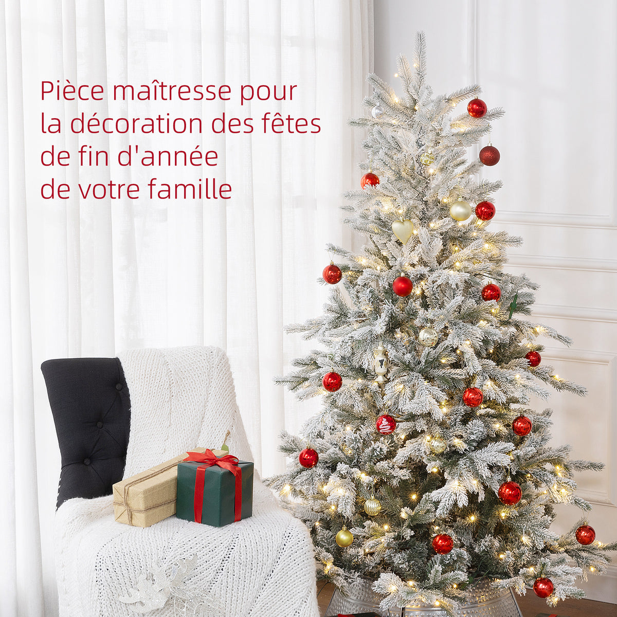 Sapin de Noël artificiel 180 cm arbre de Noël lumineux floqué enneigé avec lumière LED blanc chaud et 1321 pointes-3