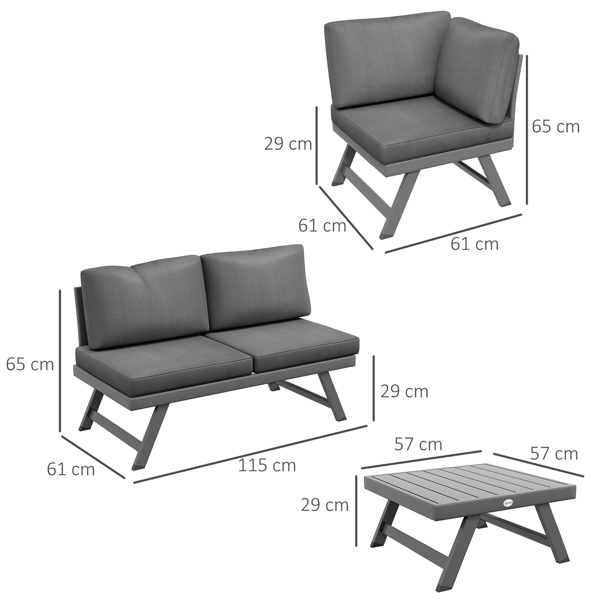 Ensemble salon de jardin d'angle et convertible 4 pièces avec 2 banquettes, 1 fauteuil d'angle et 1 table basse-2