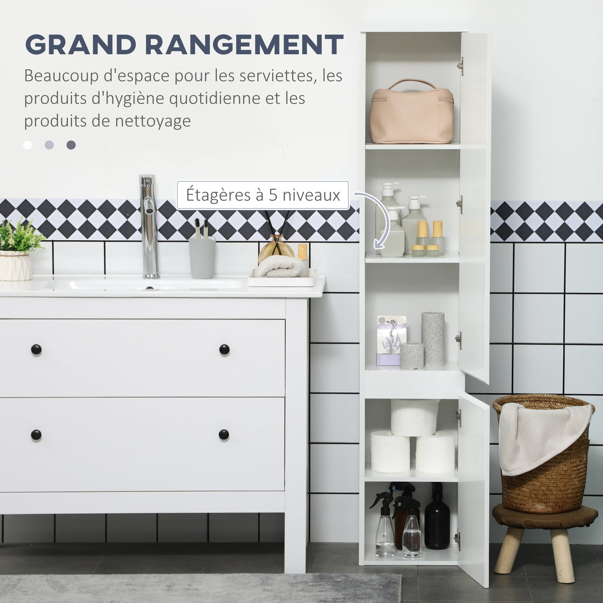 Meuble colonne rangement salle de bain 2 placards 3 étagères réglables style contemporain 30 x 28 x 152,5 cm blanc-3