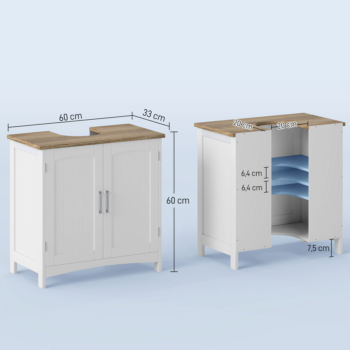 Meuble salle de bain sous lavabo à double portes avec étagères réglables, blanc et bois naturel-2