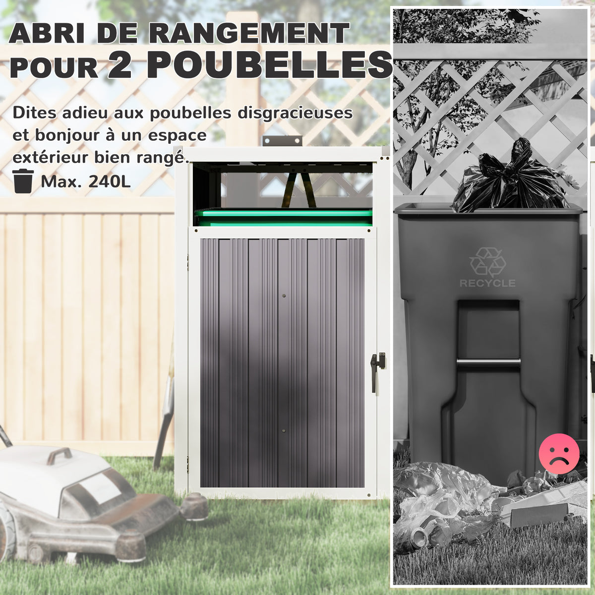Abri pour 2 poubelles 240L cache poubelle extérieur couvercle relevable 180° acier galvanisé 146x81x122cm gris foncé-3