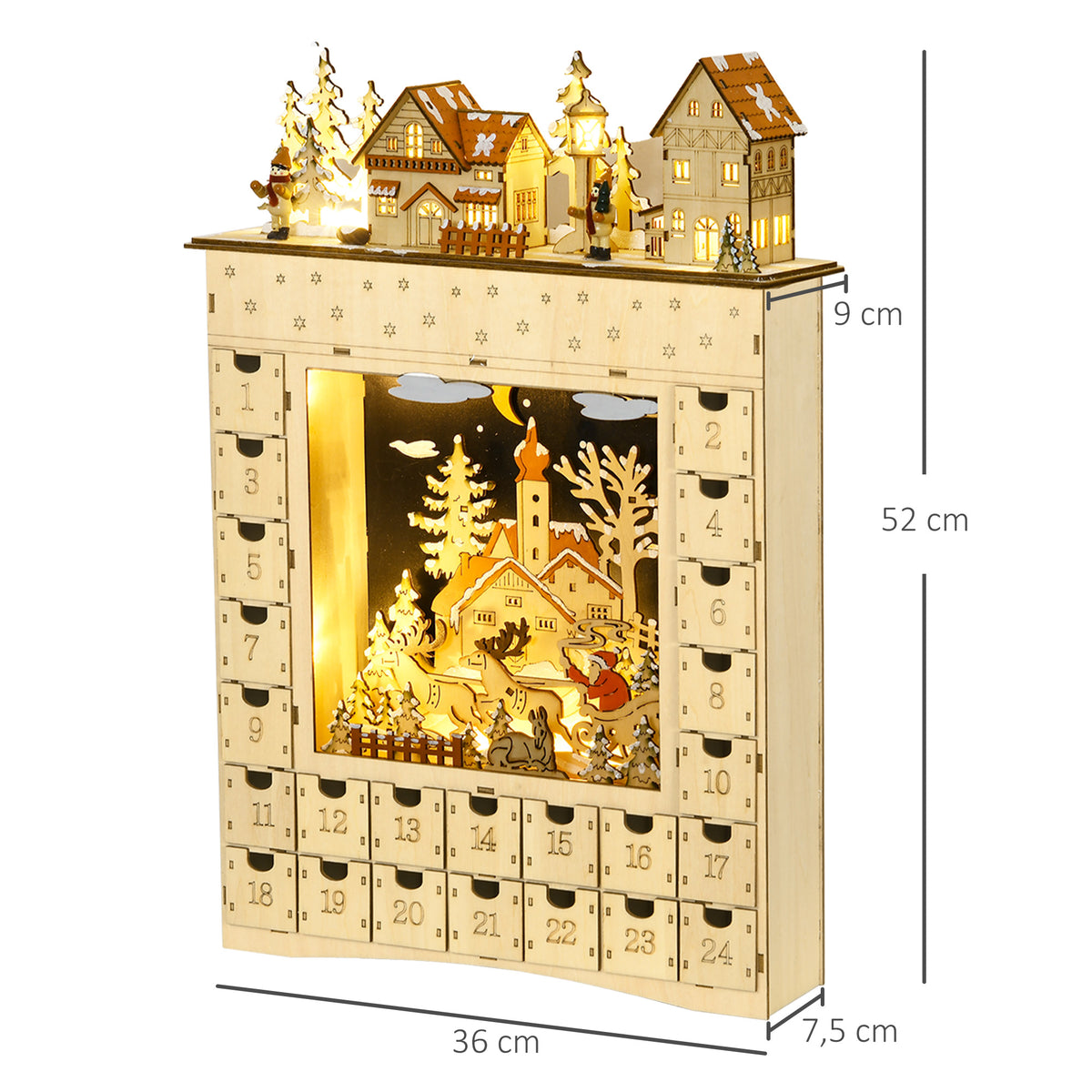 Calendrier de l'Avent LED en forme de village enneigé avec 24 tiroirs décoration lumineuse de Noël beige-2