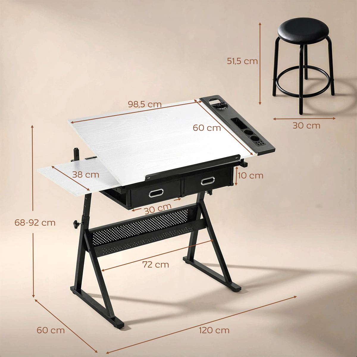 Table à dessin avec tabouret et 2 tiroirs, hauteur réglable, plateau inclinable 0° à 60°, 120 x 60 x 68-92 cm, blanc-2