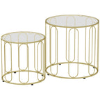 Lot de 2 tables basses gigognes rondes modernes avec cadre en métal et plateau en verre, ton doré-0