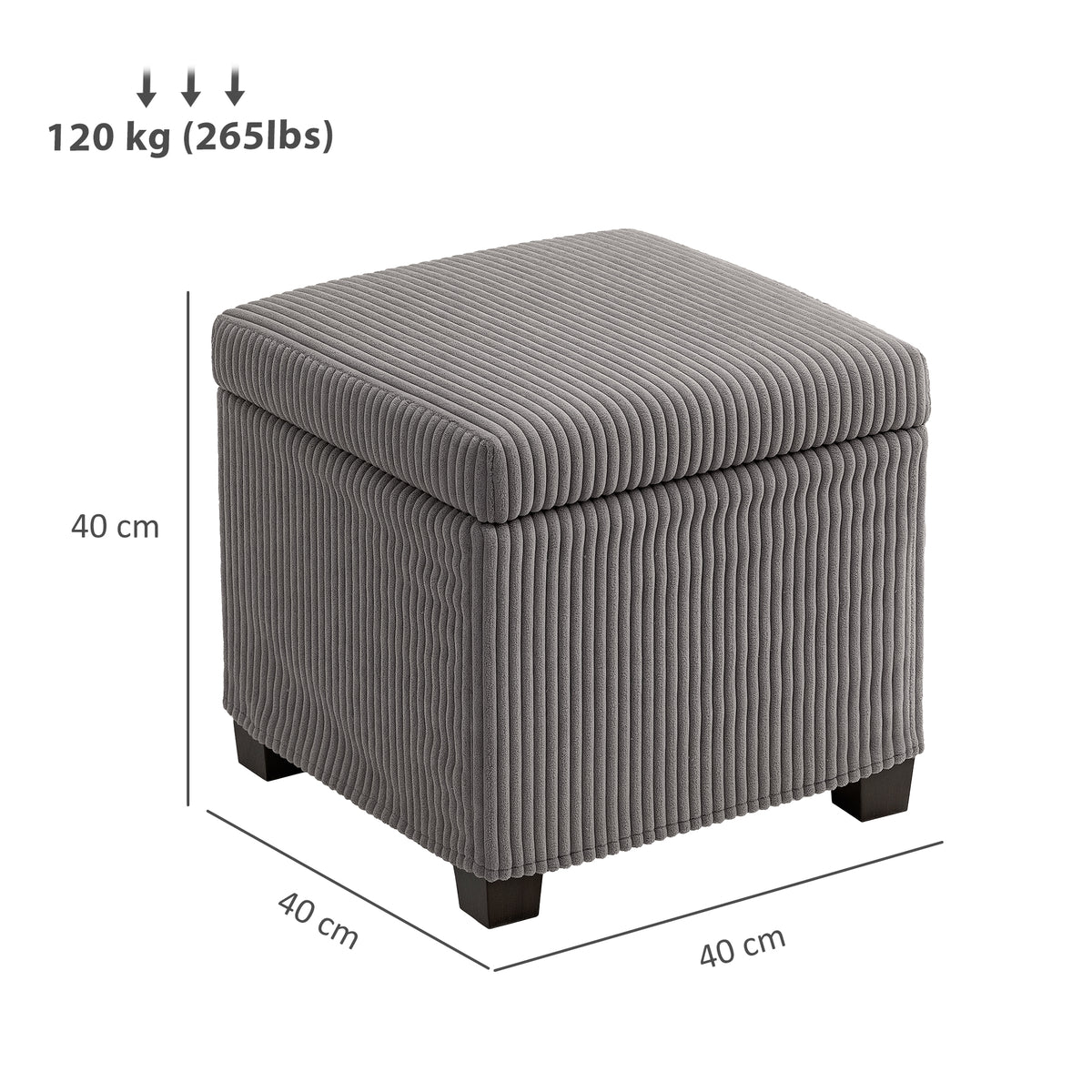 Coffre pouf rangement 30 L avec couvercle amovible, ottoman cube rembourré en velours côtelé, 40 x 40 x 40 cm, gris-2