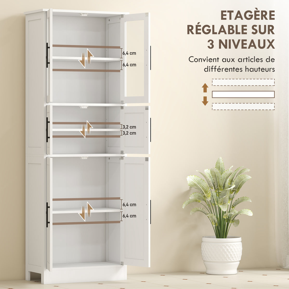 Meuble de salle de bain, meuble de rangement 6 niveaux, 6 portes dont 2 vitrées, étagères réglables, 60x30x170cm, blanc-5