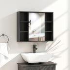 Meuble salle de bain avec miroir, placard à portes et 6 compartiments ouverts, 60 x 14,5 x 49,4 cm, noir-1