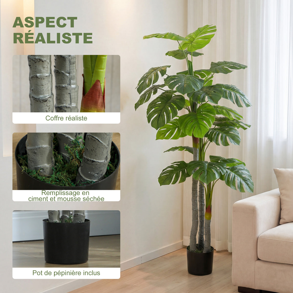 Arbre Artificiel Plante Artificielle Monstera H.1,5 m Tronc Branches Lichen Feuilles de Tortue Grand réalisme Pot Inclus-3