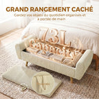 Banc de rangement 73 L, coffre de rangement rembourré en velours côtelé avec accoudoirs et pieds en bois d'hévéa, beige-4