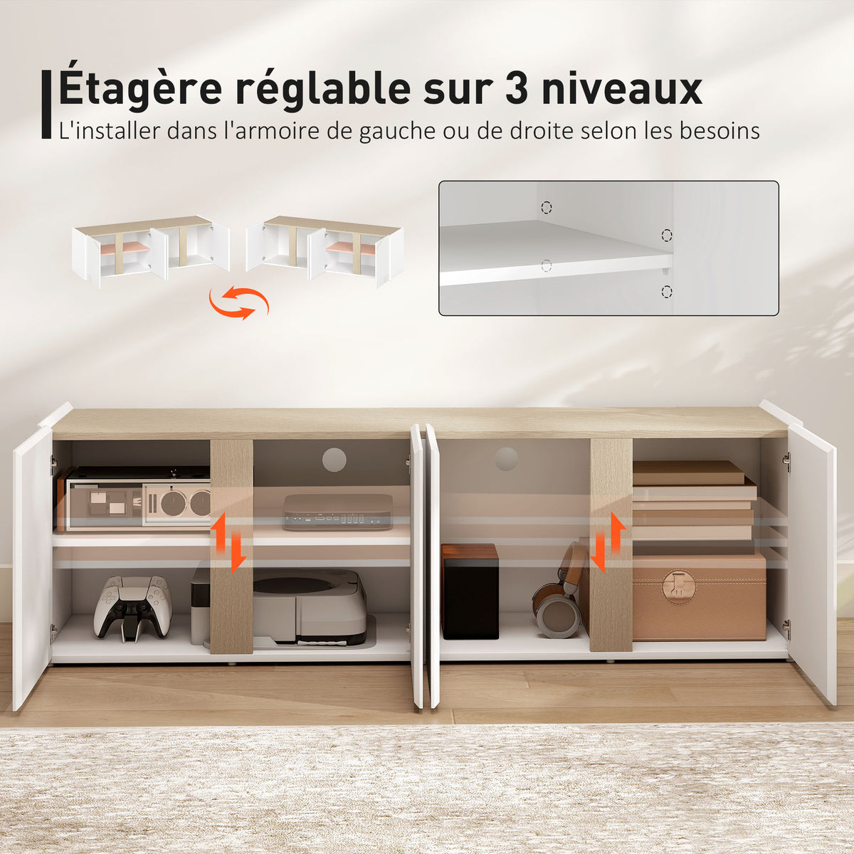 Meuble TV, banc TV avec 4 portes à fermeture amortie, étagère réglable et passe-câbles, 135 x 38 x 45 cm, blanc-6