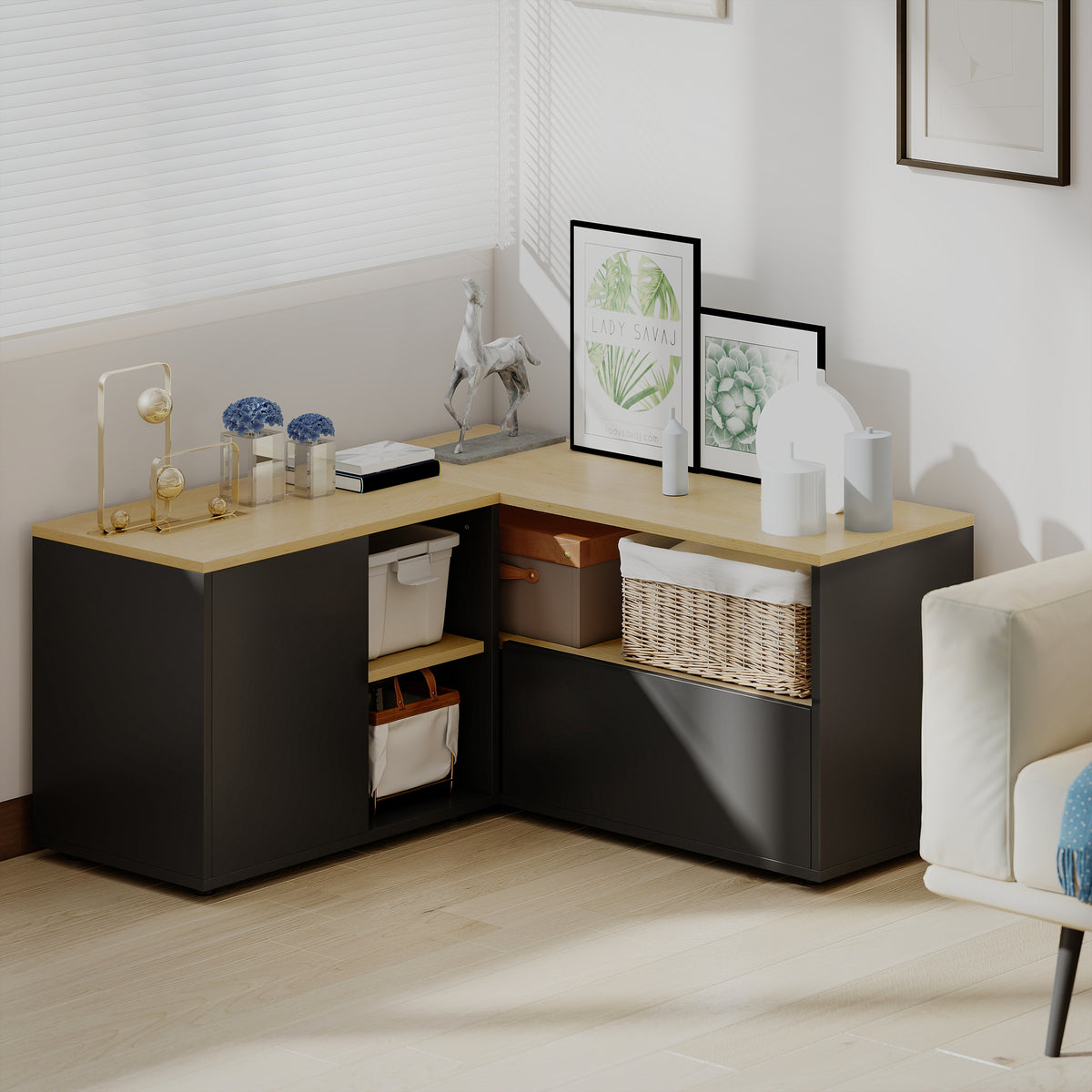 Meuble TV d'angle banc télévision jusqu'à 40 pouces avec 2 placards et 3 niches 90 x 90 x 45 cm chêne et noir-8