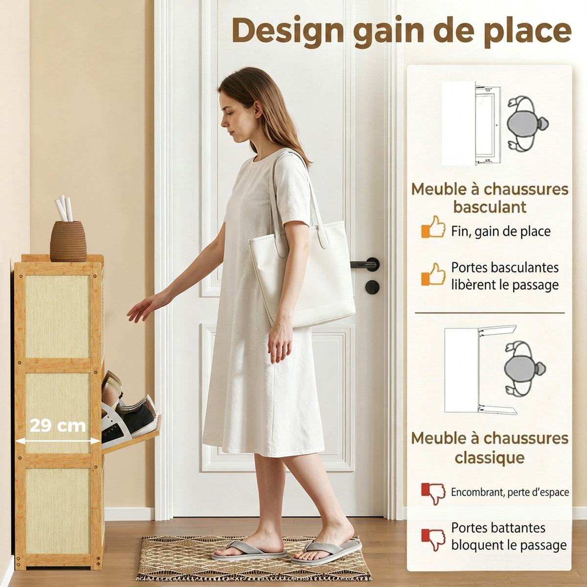 Meuble à chaussures 14 paires, armoire à chaussures 3 tiroirs rabattables, étagères réglables 69x29x119,8cm bois naturel-3