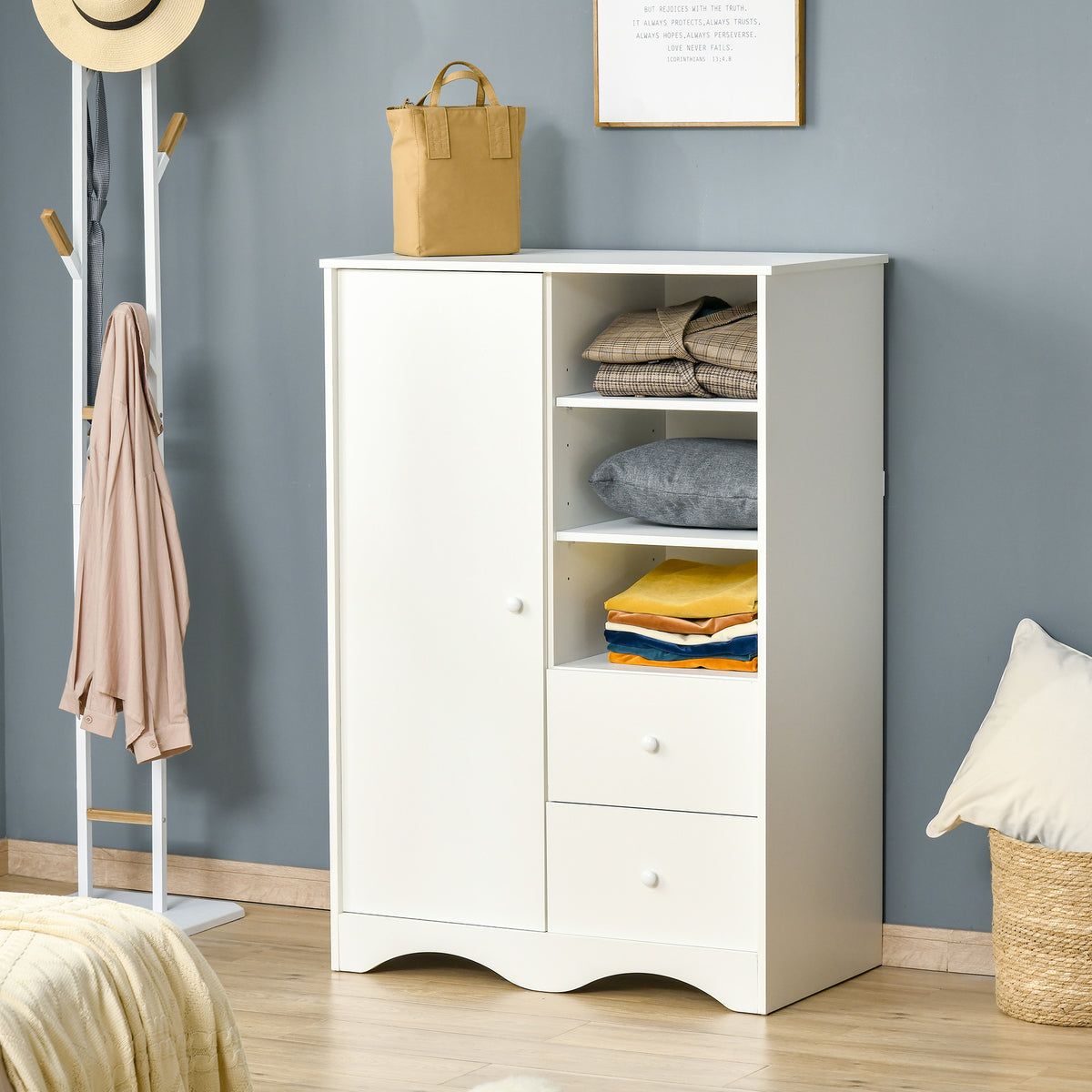 Armoire avec Porte et 5 étagères, 3 niches, 2 tiroirs, meuble de rangement blanc pour chambre, salon, bureau-1