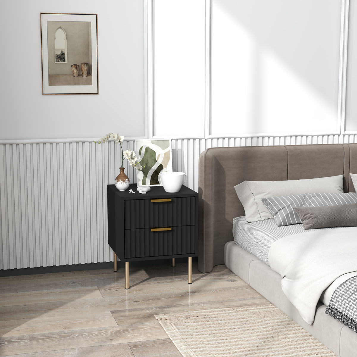 Table de chevet, table de nuit cannelée avec 2 tiroirs et pieds en acier, pour chambre à coucher, salon, noir-1