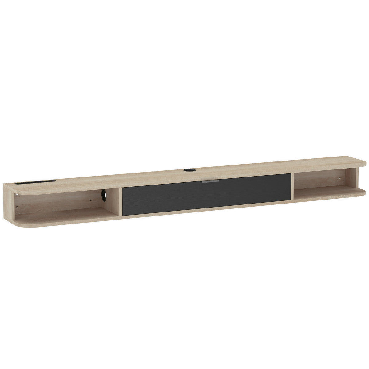 Meuble TV suspendu, meuble télé pour téléviseur jusqu'à 75 pouces, tiroir rabattable 2 étagères 180x24x16cm bois naturel-0