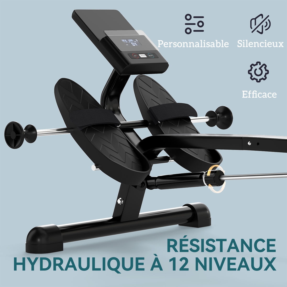 Rameur hydraulique à 12 niveaux avec écran LCD, pour l'entraînement cardio à domicile, charge max. 130 kg, noir-4