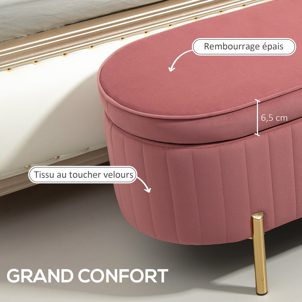 Banc de rangement, bout de lit en velours avec couvercle, pieds en métal, capacité 72 L, 107x42x45,5cm, rose-3