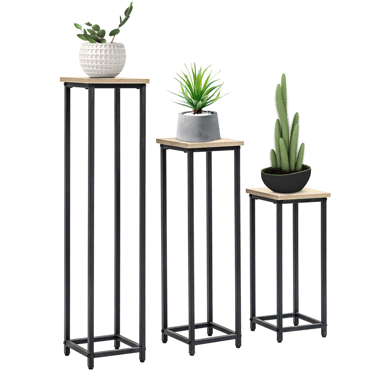 Lot de 3 supports pot de fleurs porte-plantes carrées empilables - 21 x 21 x 50/70/90 cm - acier-0