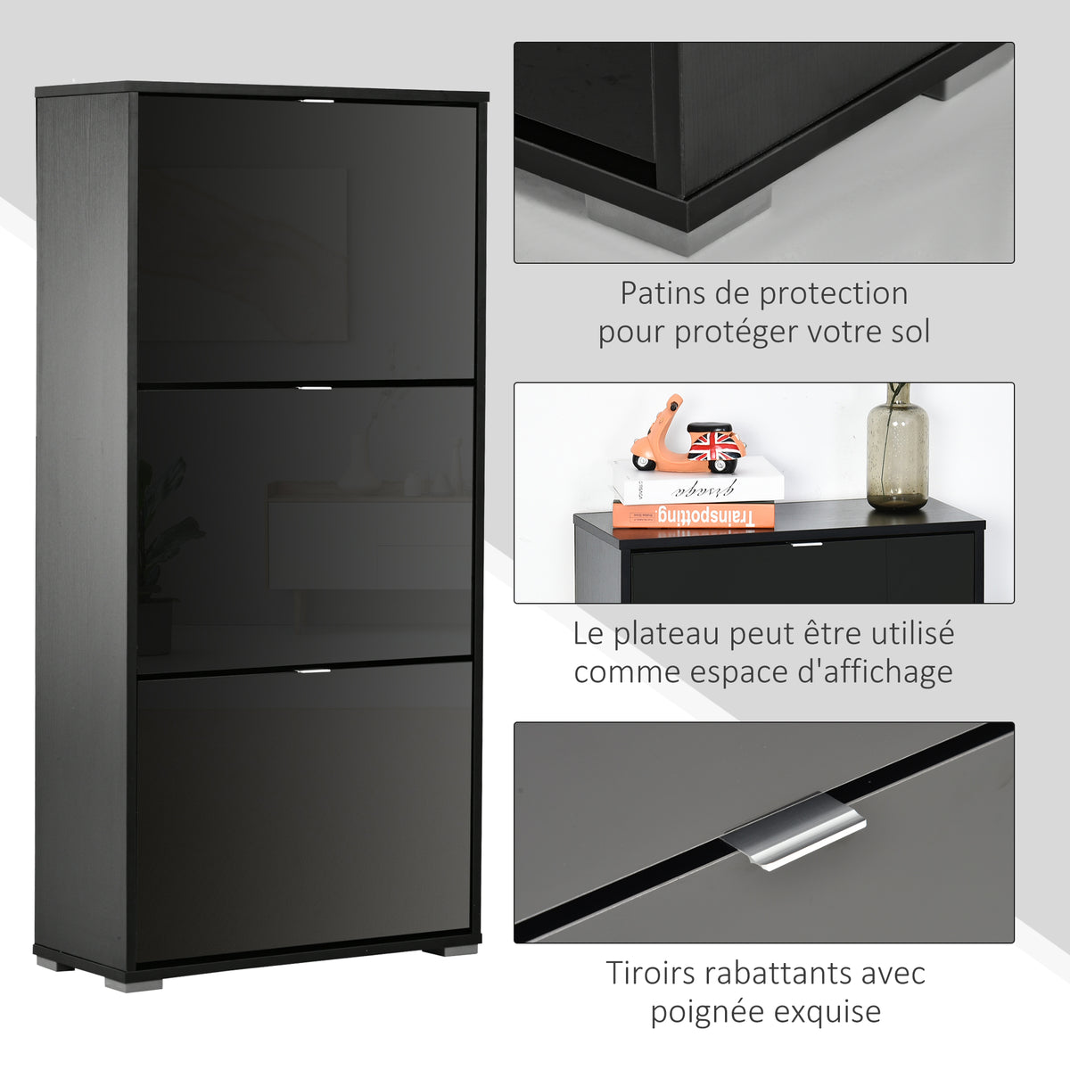 Meuble à Chaussures Armoire à chaussures 3 Portes abattantes 3 Compartiments en bois 60L x 26I x 124H cm Noir-3