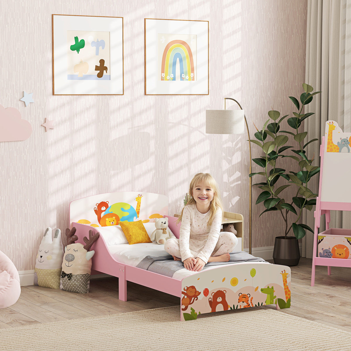 Lit Enfant 70x140 cm motif animal 140 x 70 cm avec sommier à lattes en bois design bas sécurisé rose-1