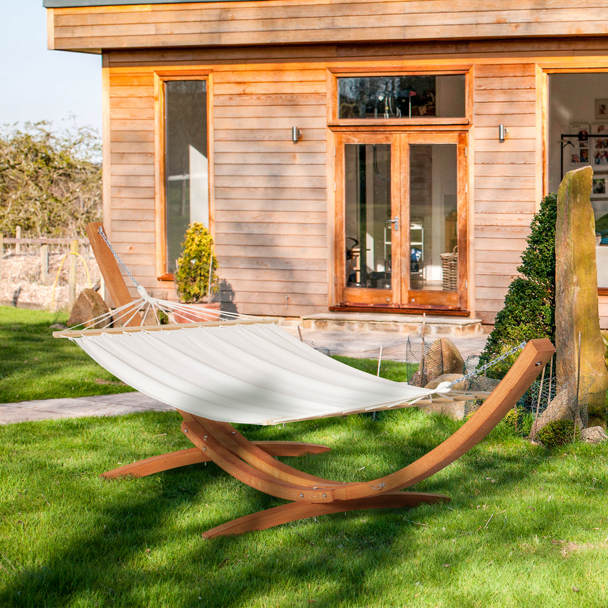 Hamac de jardin avec support en bois hamac sur pied 1 personne 3,92L x 1,2l x 1,1H m coloris crème marron-1