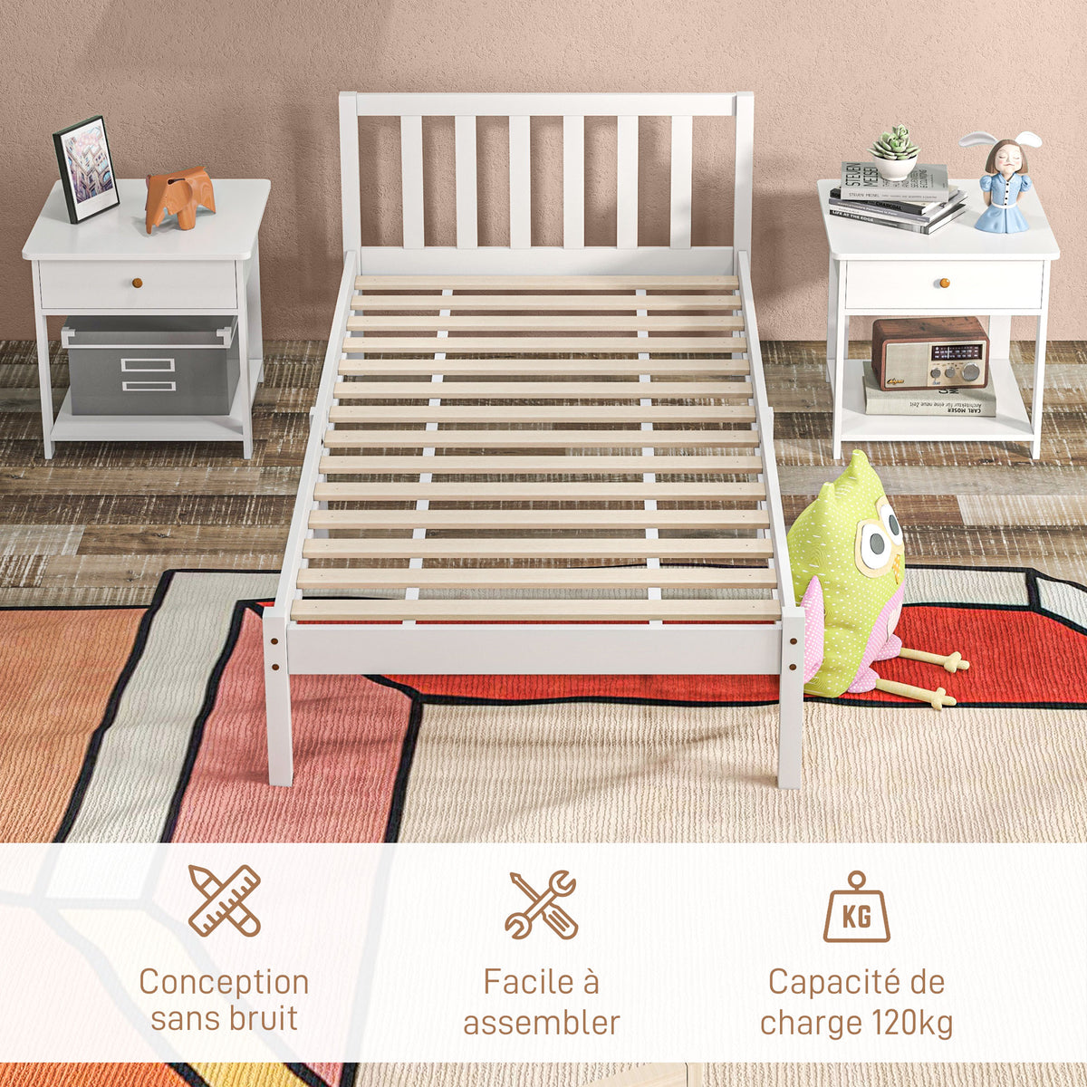Cadre de lit en bois massif 90x190 cm lit simple avec tête de lit et sommier à lattes solide pour enfants adultes-4
