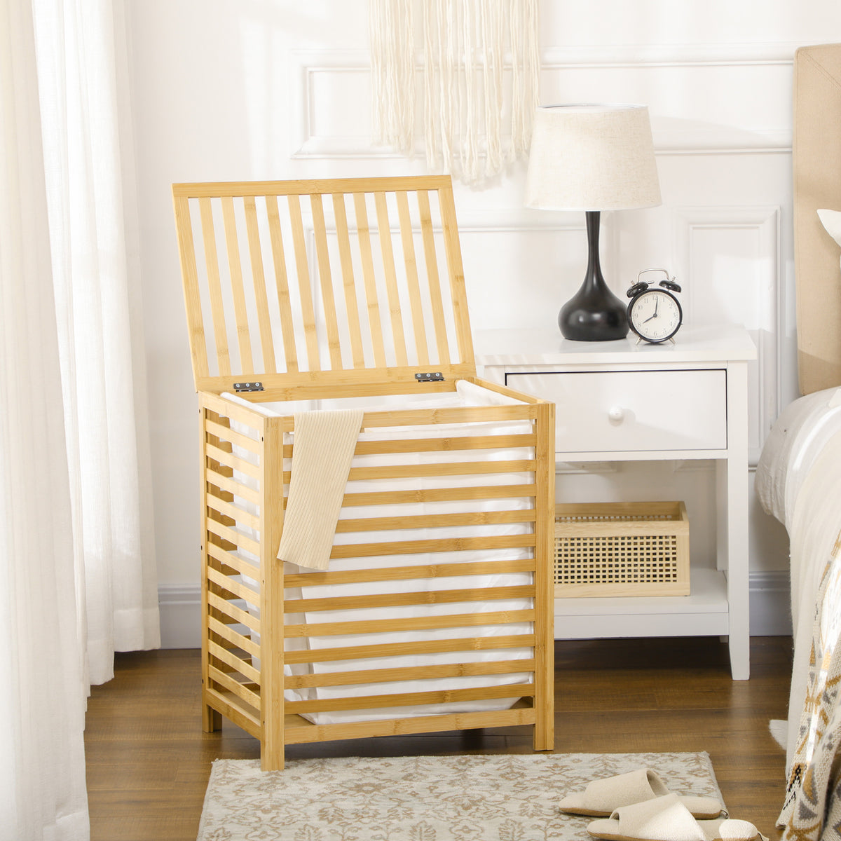 Panier à linge sale en bambou avec sac en polyester et coton amovible et couvercle - dim. 50L x 36l x 60H cm naturel-6