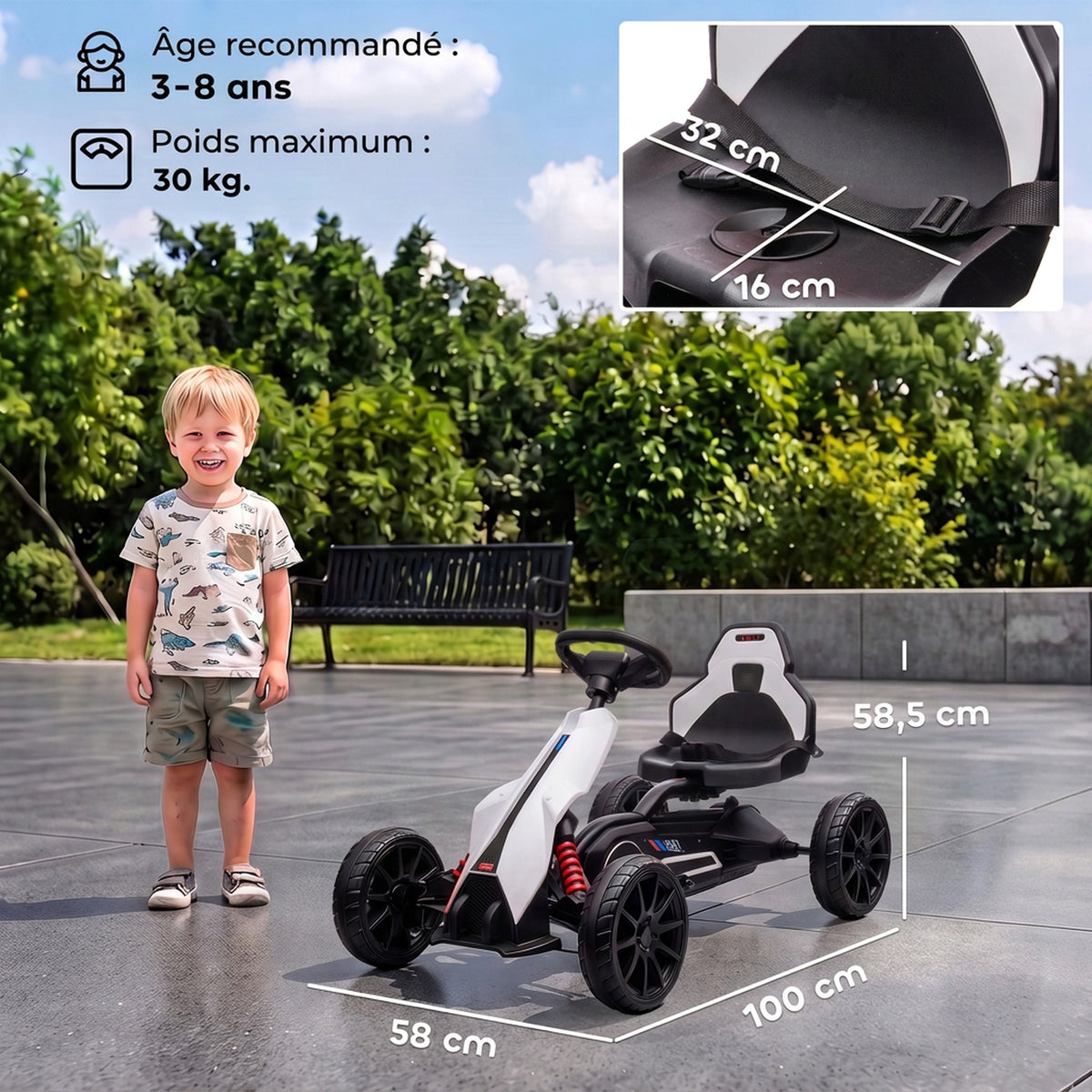 Kart électrique pour enfant 12V - Vitesse réglable 3-5km/h pour enfants de 3 à 8 ans - siège réglable - blanc-2