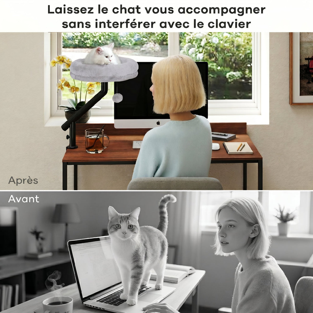 Lit de Bureau pour Chat Rotation de 360° et Hauteur Réglable, Lit pour Chat Lavable avec Balle Jouet, 35x35x48cm, Gris-3