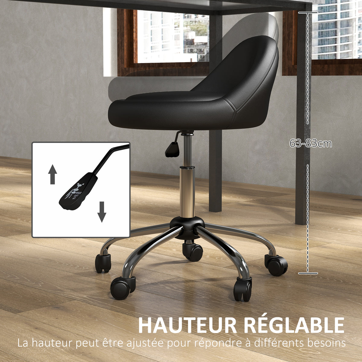 Tabouret à roulettes tabouret de travail pivotant 360° hauteur réglable 53-73 cm revêtement synthétique noir-3