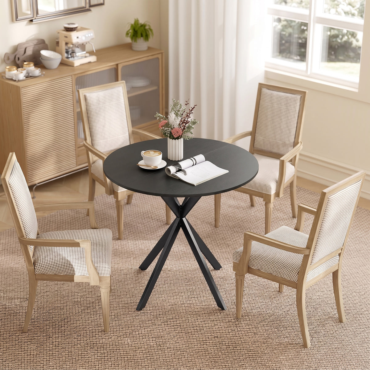 Table à Manger Ronde pour 2 Personnes avec Plateau Aspect Bois et Piètement Croisé en Acier, Noir-6