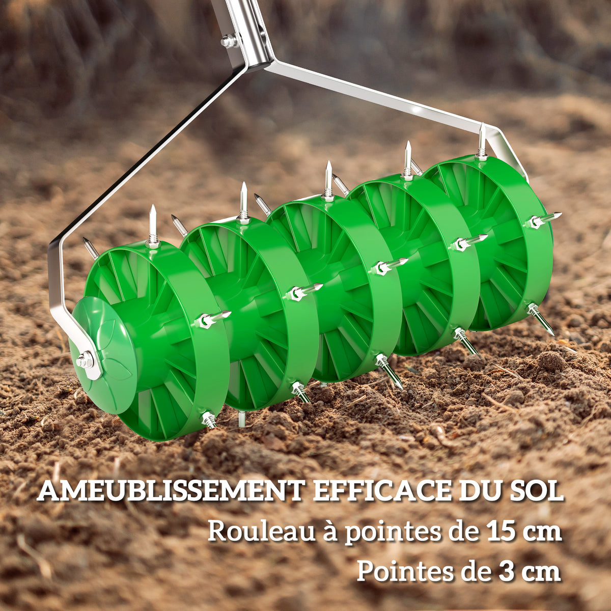 Rouleau aérateur de pelouse avec poignée amovible en 3 pièces, aérateur de gazon manuel, 45 x 21 x 140 cm vert foncé-3