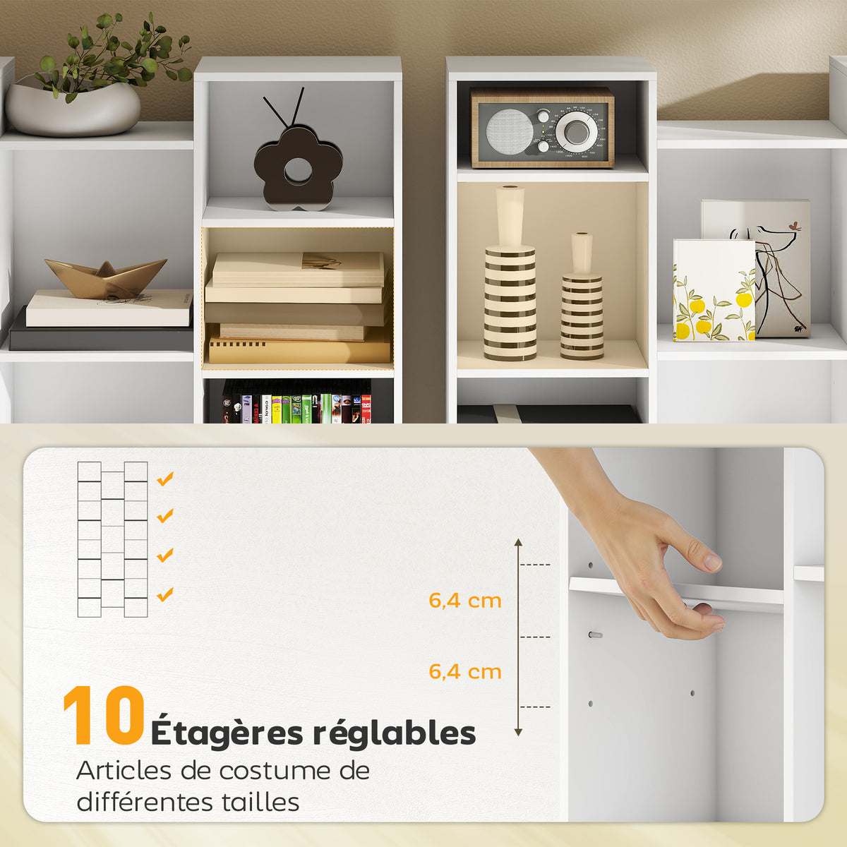 Bibliothèque, étagère à livres, étagère de rangement, 21 compartiments et 10 étagères réglables, 89,5x23,5x181cm, blanc-4